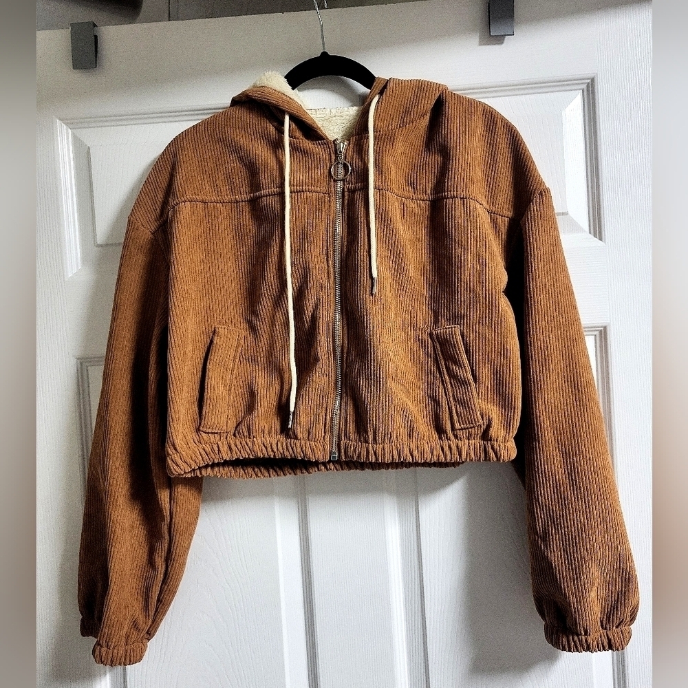Womens Brown Corduroy Cropped Jacket - Shein - Size L